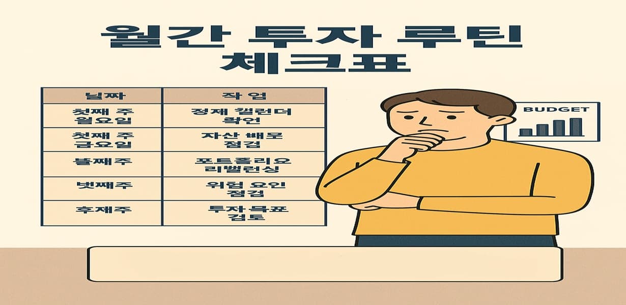월간 투자 루틴을 주차별로 정리한 체크리스트 인포그래픽