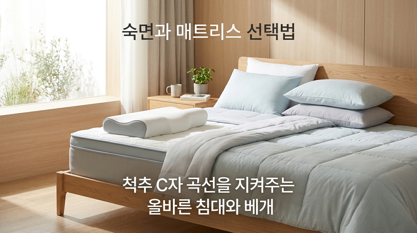 햇살이 은은하게 비치는 아늑하고 정돈된 침실의 모습. 프리미엄 매트리스와 인체공학적 경추 베개가 하얗고 포근한 침구와 함께 놓여 있어, 척추 C자 곡선을 지켜주는 올바른 수면 환경의 중요성을 시각화함.