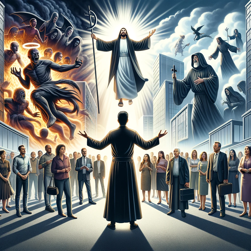 Here is the image depicting a spiritual leader proclaiming the gospel in an urban setting, with God&rsquo;s battle against evil and the guidance of the righteous illustrated above.
