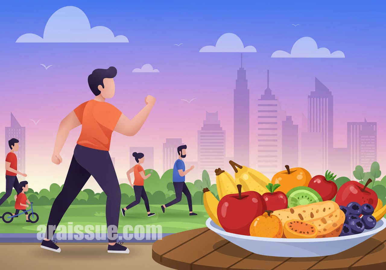 공원에서 운동하는 사람들. 건강한 식습관과 운동을 통해 비만과 관련된 질환 예방을 돕는 장면.