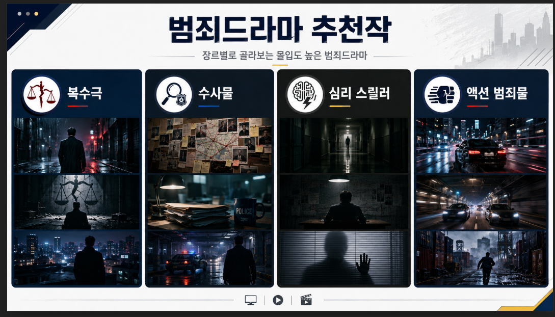한국 범죄드라마 추천작을 복수극과 수사물로 분류한 인포그래픽 이미지