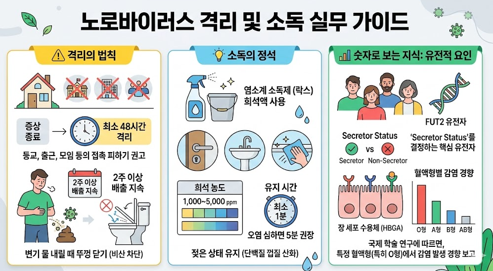 증상 종료 후 48시간 격리 원칙과 염소 소독 희석 농도, 접촉 시간, 유전적 감염 감수성을 함께 정리한 실무 방역 가이드 이미지