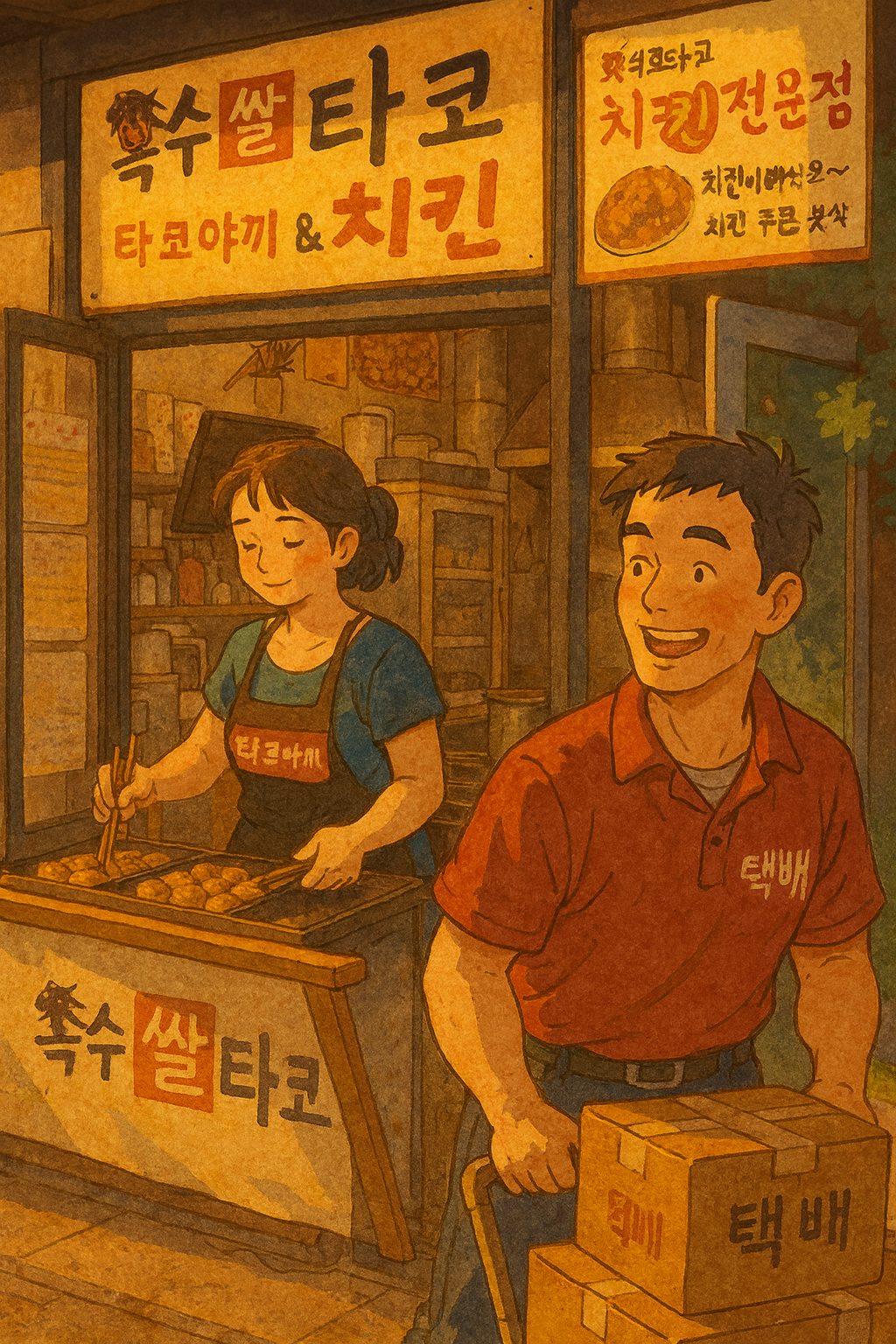 타코야끼 냄새를 참고 지나가는 택배기사