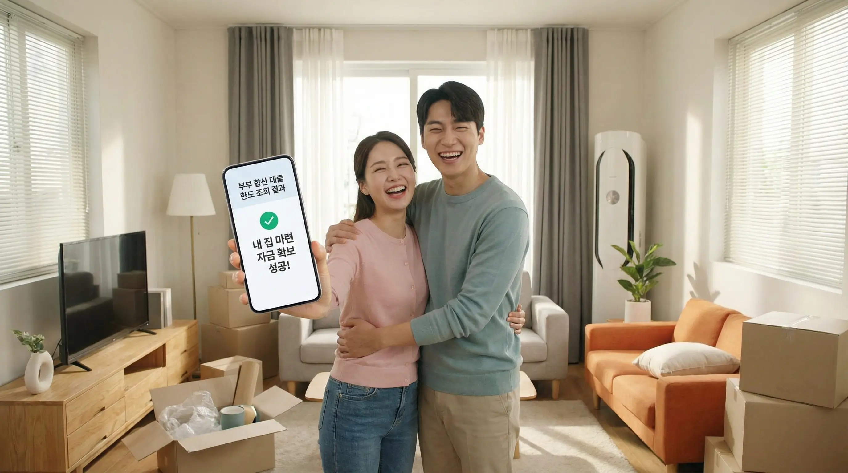 스마트폰으로 부부 합산 대출 한도를 조회하고 내 집 마련 자금을 확보하여 기뻐하는 신혼부부의 모습