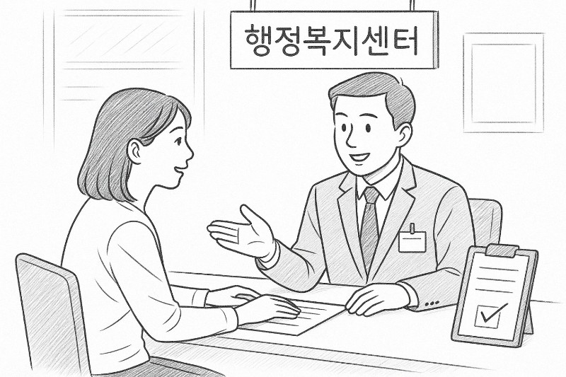 행정복지센터에서 장애등급 등록을 신청하는 여성과 담당 공무원의 상담 장면