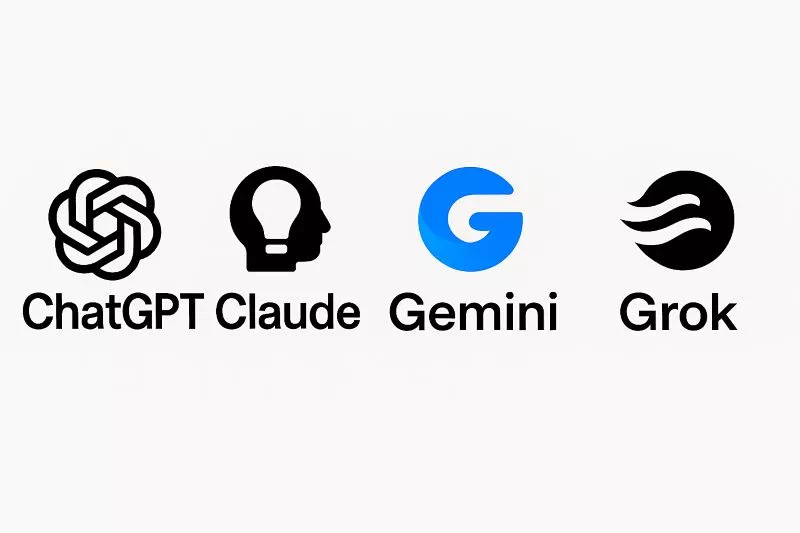 alt="텍스트 AI 4대장의 로고가 나란히 배열된 이미지, 각 AI의 특징을 상징하는 아이콘 포함
