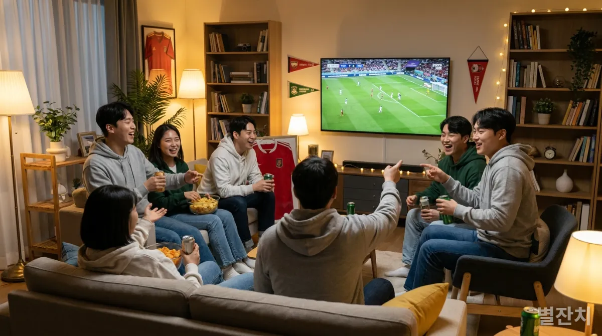 거실에서 스포츠 경기를 보며 열정적으로 응원하는 젊은 한국인들