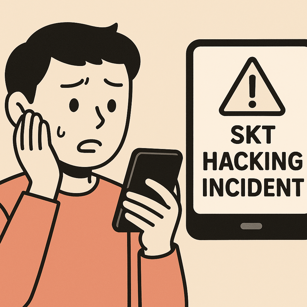 SK 해킹 사고로 불안해하는 고객의 모습 2D 일러스트