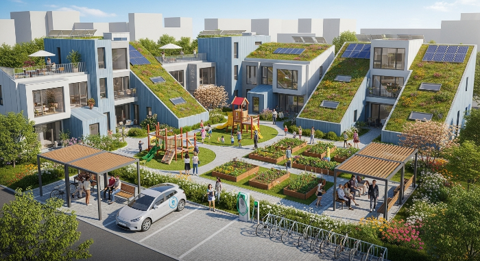 녹색 지붕과 공용 정원이 있는 경기도의 현대적인 지속가능 주거 단지 전경