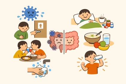 바이러스성 장염 전염 경로와 회복 관리 기준을 시각적으로 정리한 이미지3