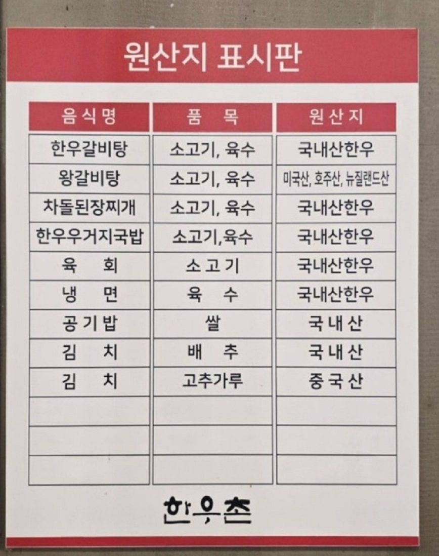 마장동한우촌-원산지표시판