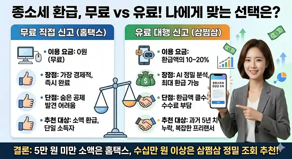 종합소득세 환급 신청 시 무료 직접 신고(홈택스)와 유료 대행 신고(삼쩜삼)의 장단점, 이용 요금, 추천 대상을 비교한 인포그래픽 이미지. 5만 원 미만 소액은 홈택스를, 수십만 원 이상 및 복잡한 프리랜서는 삼쩜삼 정밀 조회를 추천한다는 결론 포함