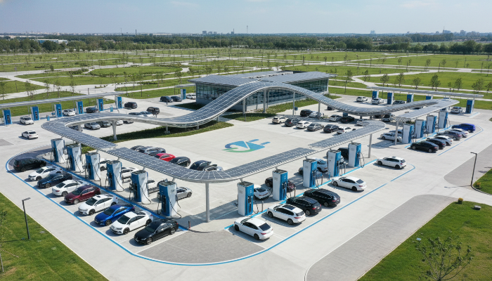 대규모로 확충된 도심 속 최신 전기차 초급속 충전 단지 전경