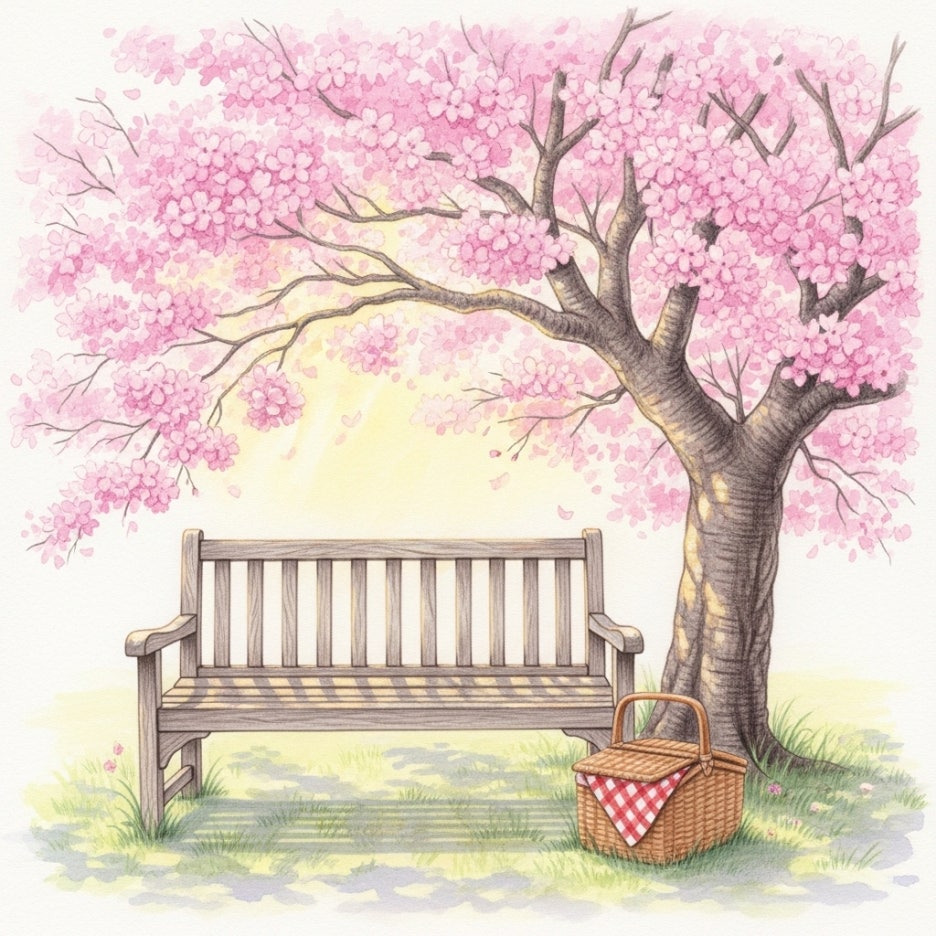 겹벚꽃 아래 놓인 벤치와 피크닉 소품이 어우러진 장면