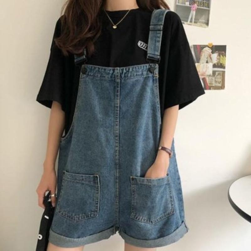 여자 여름멜빵 반바지 롤업 멜빵팬츠 청점프수트 코디