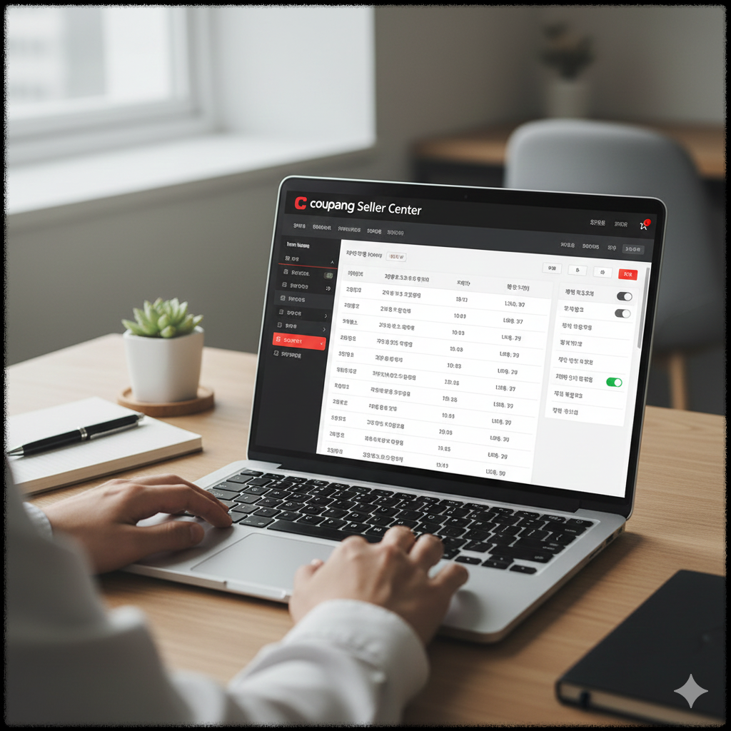 소상공인이 쿠팡 판매자 센터에서 상품 재고와 가격을 관리하는 모습