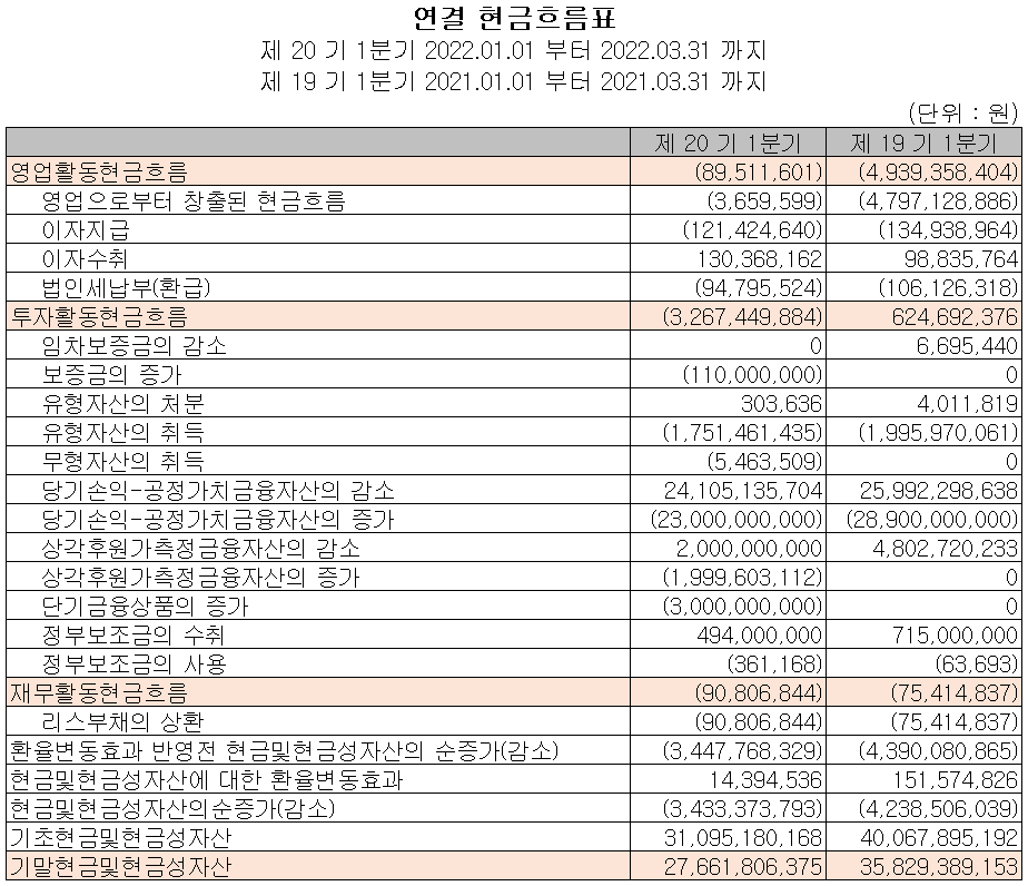 오이솔루션 - 현금흐름표