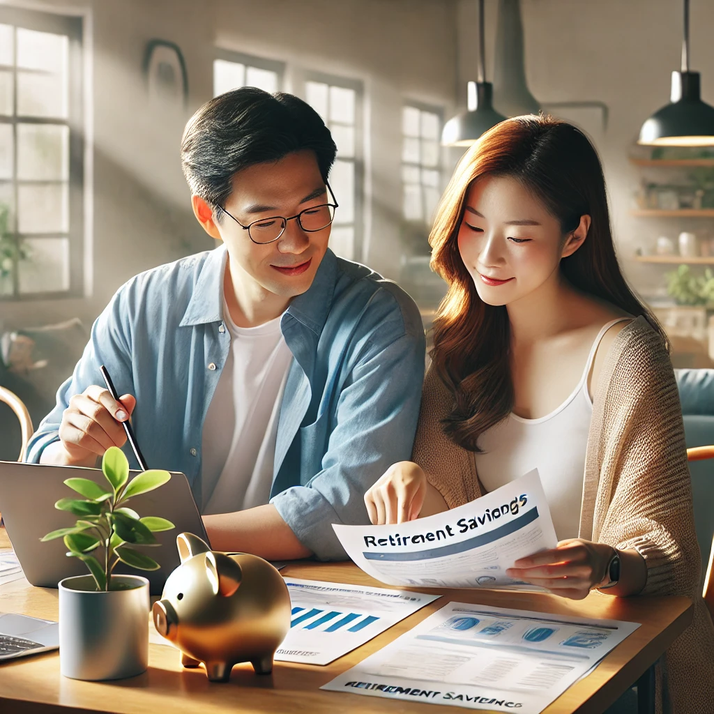 부부(30대)가 현대적인 식탁에서 IRP와 연금저축 옵션을 검토하는 모습. 문서와 노트북이 놓인 협력적인 가정 환경