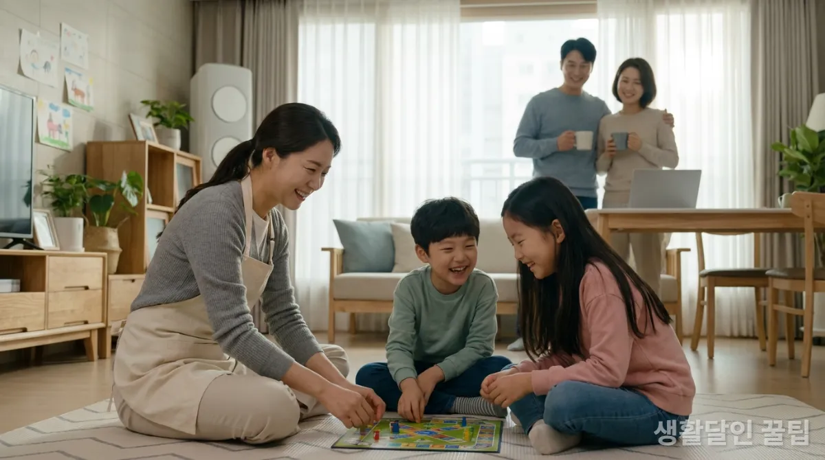 정부 아이돌봄 서비스 확대로 행복해하는 한국인 아이들과 아이돌보미