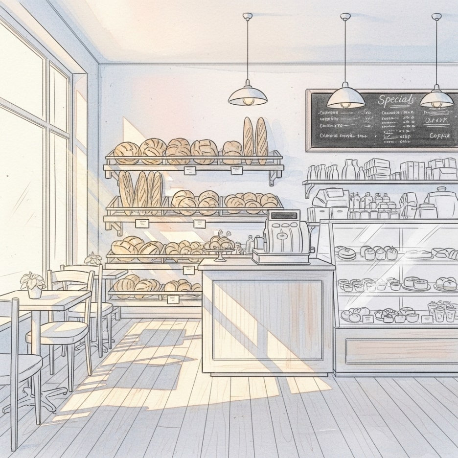 따뜻한 햇살이 비치는 빵집 내부 전경