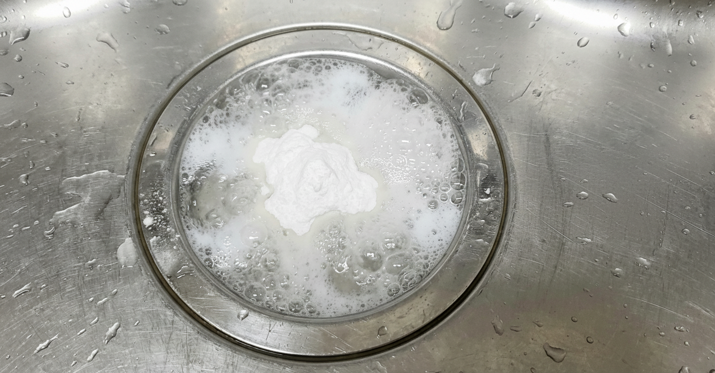싱크대 배수구에서 베이킹소다와 식초가 반응하며 세정 거품을 만드는 장면