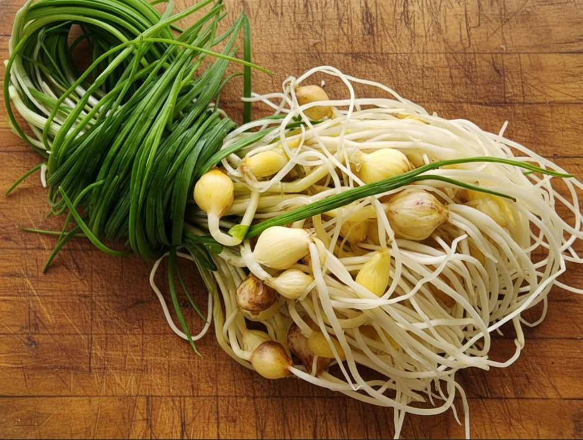 도마위에 올려진 싱싱한 달래 한 묶음.