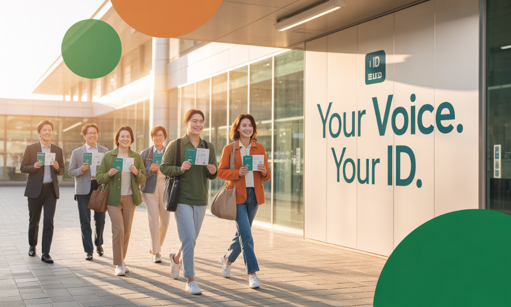 제21대 대통령선거 투표소로 향하는 다양한 연령대의 유권자들이 미소를 지으며 실물 및 모바일 신분증을 들고 있는 모습.