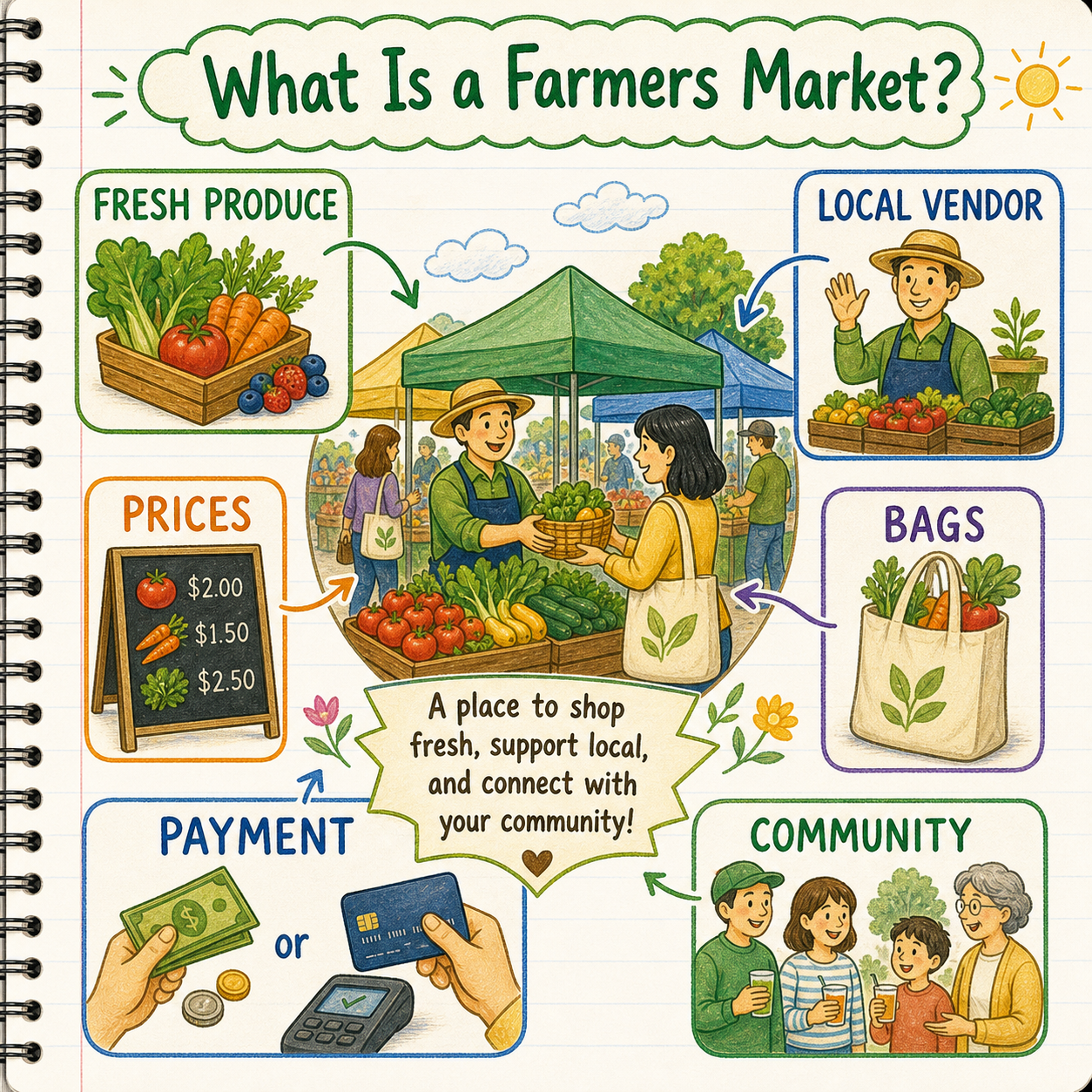 Infographic explaining farmers market, fresh food, local farmers, prices, reusable bags, and community