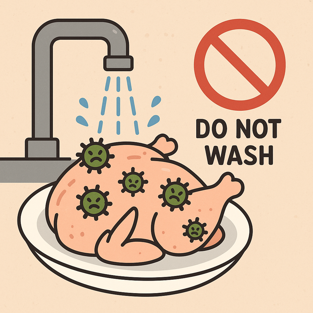 생닭을 씻으면 주방에 세균감염되고 위험해요