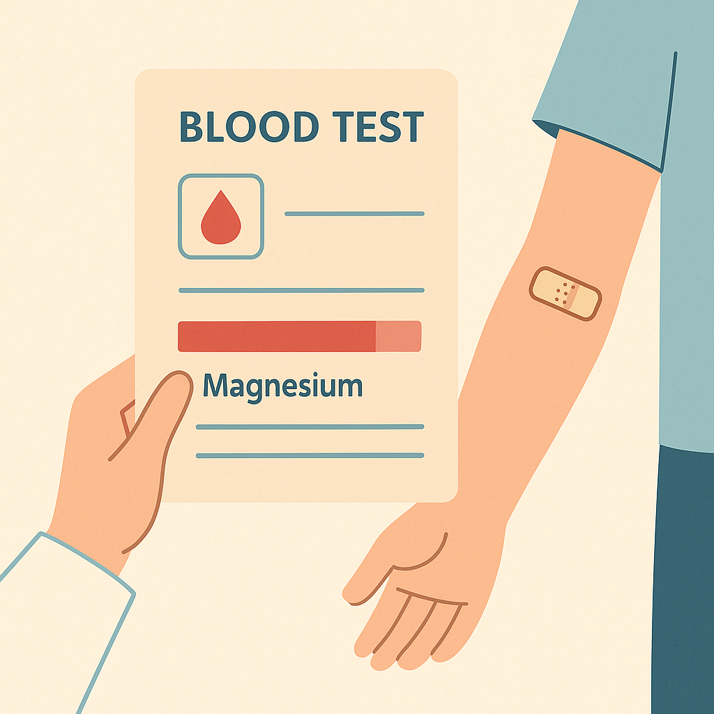 마그네슘 부족 여부를 확인하기 위한 혈액검사 장면을 표현한 관공서 느낌의 일러스트 이미지