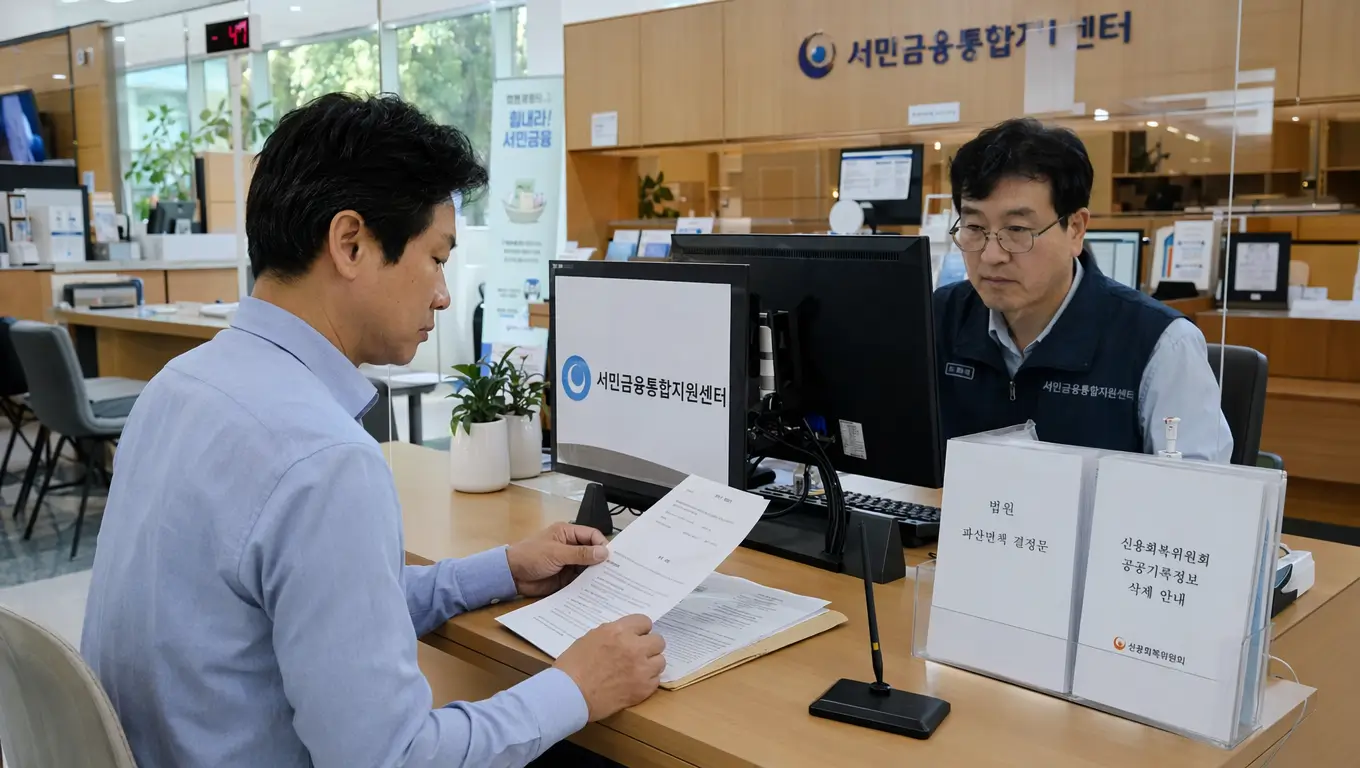 파산 면책후 신용회복 기간 산정 공식과 신용 회복 지원 제도 연동 승인 조건을 전산망으로 검토하는 모습