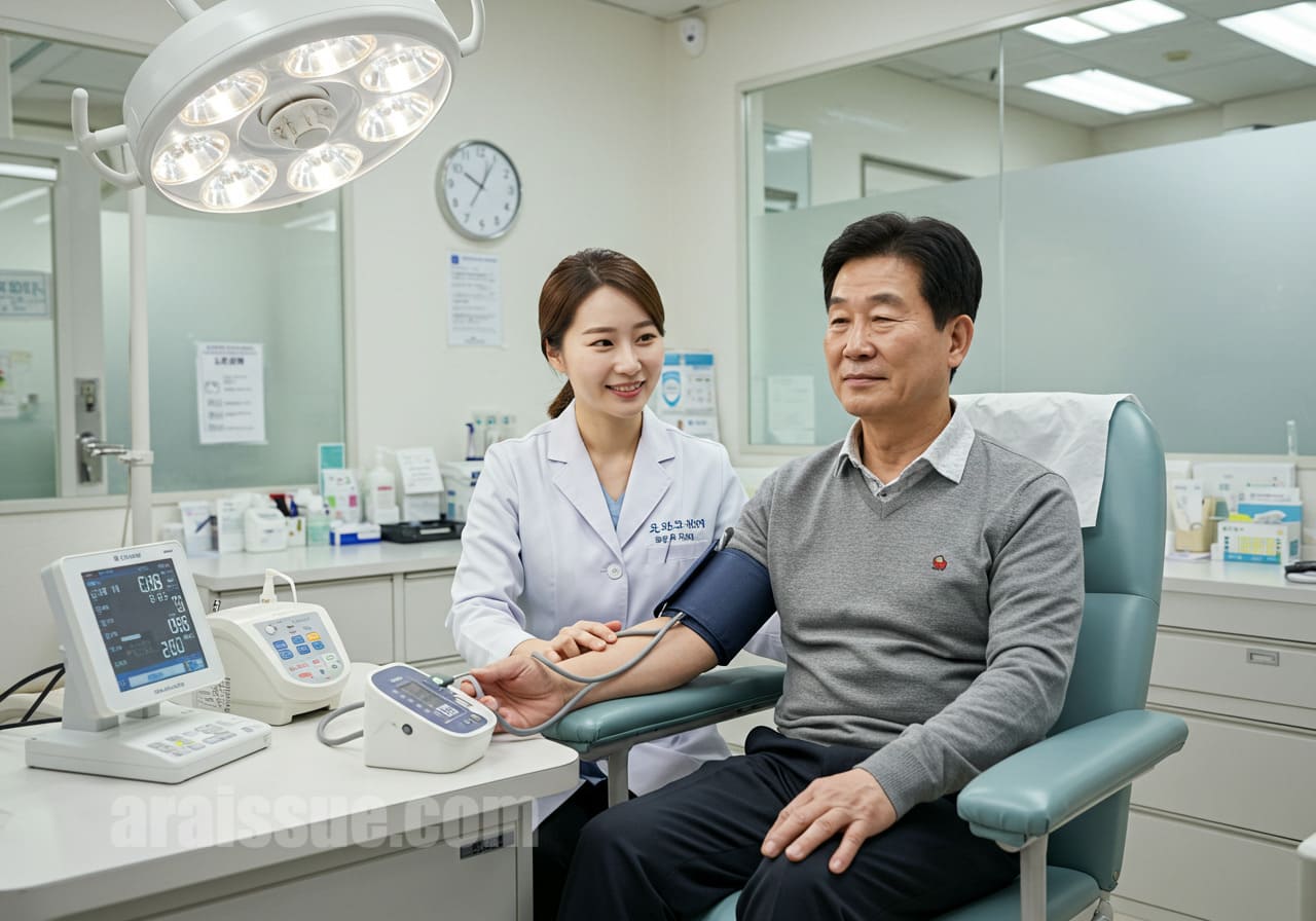 한국 중년 남성이 건강검진을 받는 모습, 현대적인 의료 클리닉 실내, 건강검진 장비