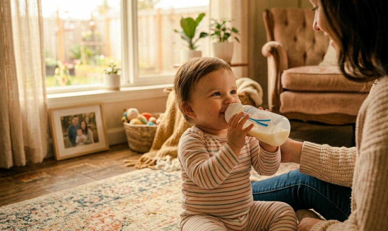 따뜻한 거실 매트 위에서 미소 짓는 아기 (A happy baby smiling on a play mat in a cozy, warm-toned home)