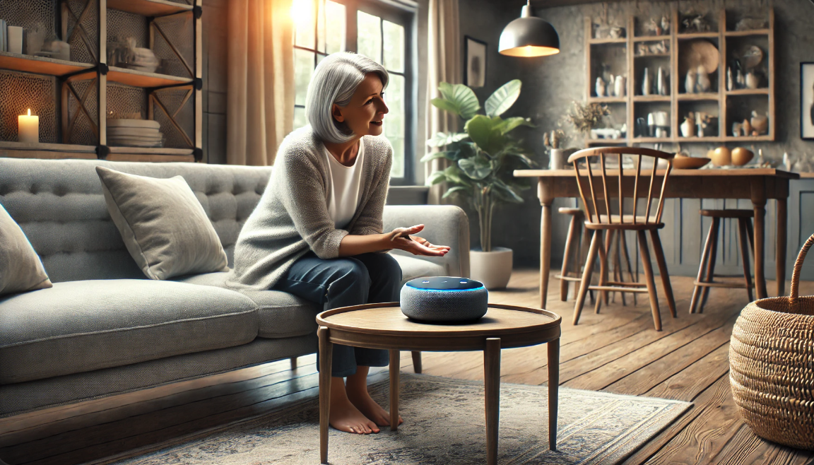 거실에서 가상 비서와 대화하는 중년 여성