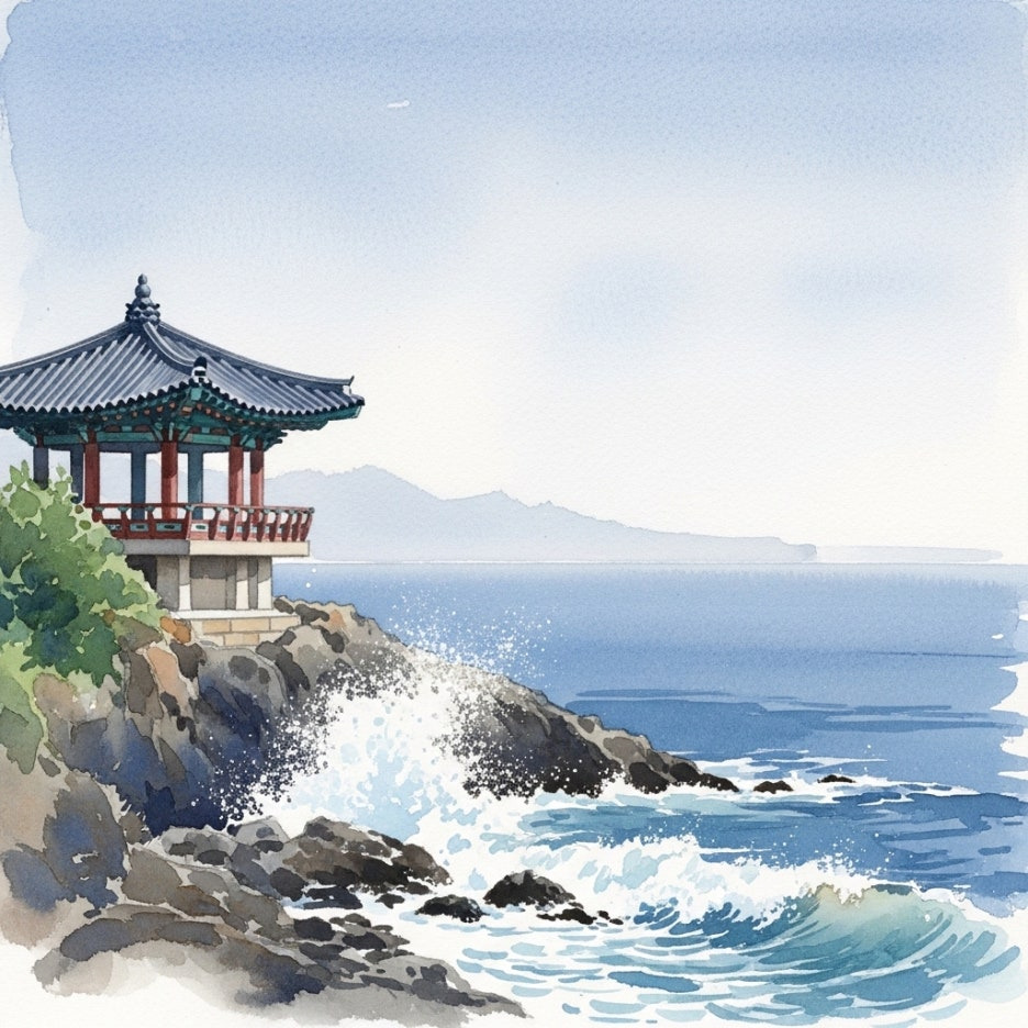 동해 바다가 한눈에 내려다보이는 사찰의 전경