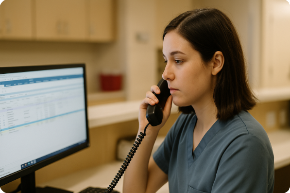 신규 간호사가 EMR 보며 보고하는 장면