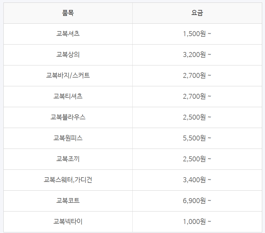 크린토피아 세탁가격표