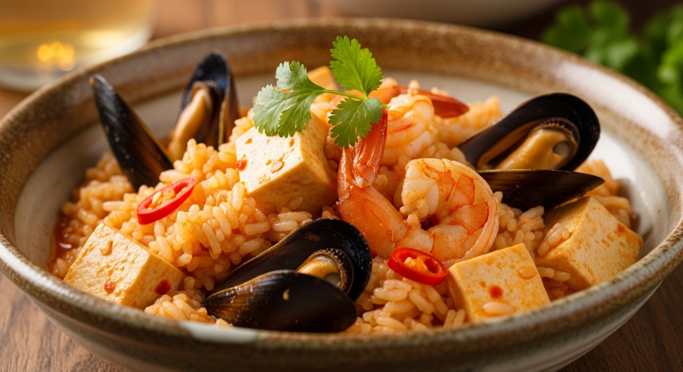 얼큰한 국물과 부드러운 순두부, 해산물이 어우러진 매콤 해물 순두부 리조또 클로즈업