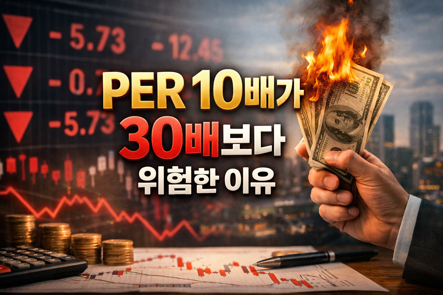 하락하는 주가 차트 앞에서 불타는 달러 지폐를 든 손과 ‘PER 10배가 30배보다 위험한 이유’ 문구