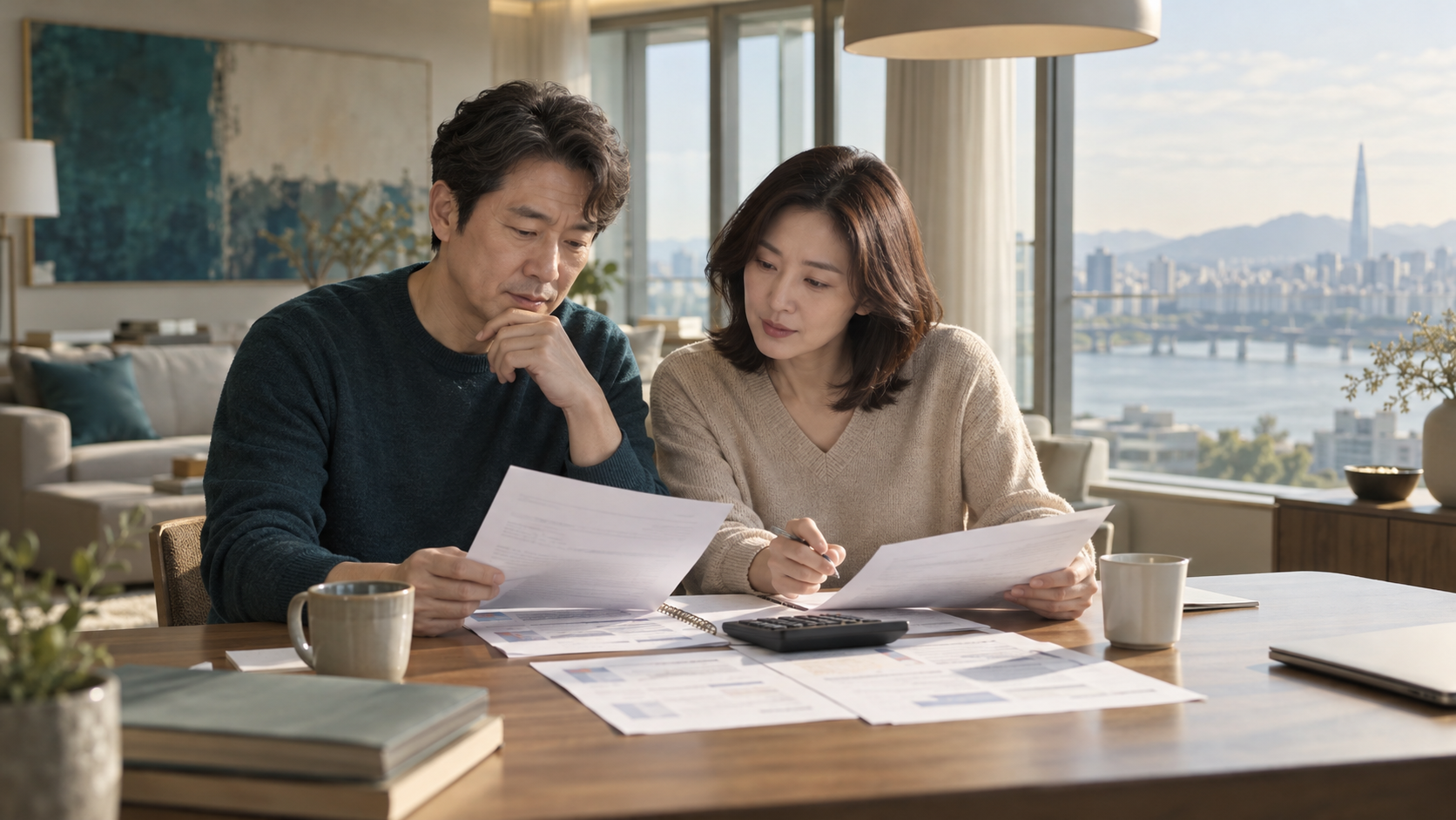 카페에서 창업 예산과 사업 자료를 함께 검토하는 중년 부부