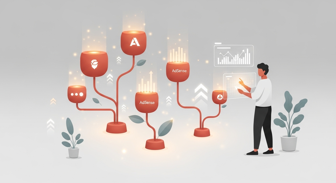 뉴미디어 시대에 구글 애드센스를 활용해 디지털 자산을 구축하고 안정적인 수익을 창출하는 전략을 시각적으로 표현한 일러스트.