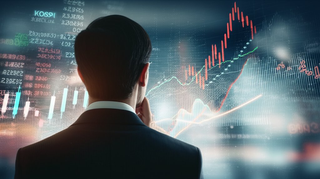 변동성 큰 코스피와 코인 그래프를 보는 투자자, 영화 스틸컷 느낌의 시네마틱 포토, 역광/필름그레인/블러 배경