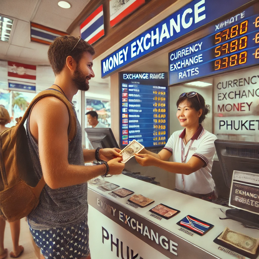 푸켓의 환전소에서 여행객이 환전하는 모습