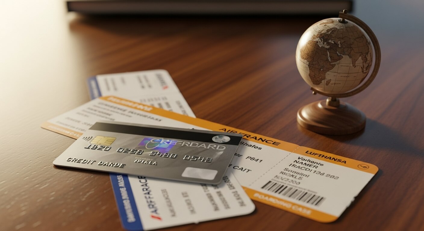 작은 지구본 옆에 항공권과 신용카드가 놓인 나무 책상 위 풍경