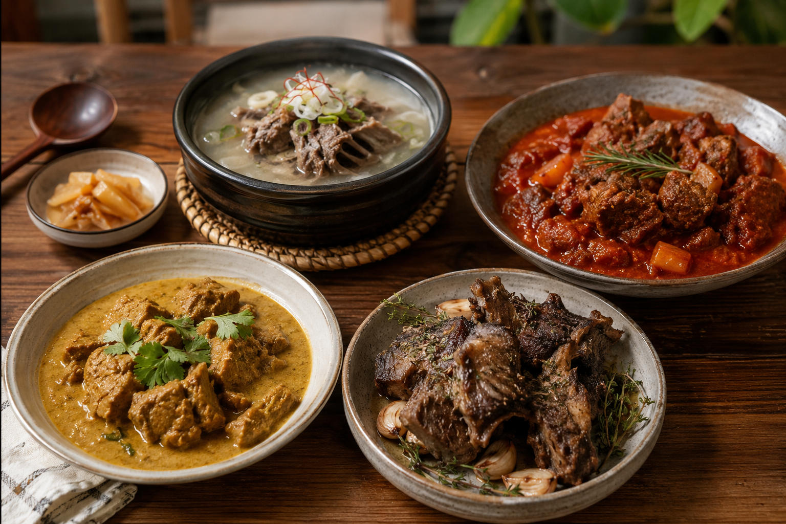 전세계 염소 요리와 레시피를 한국 입맛에 맞게 비교한 식탁 이미지