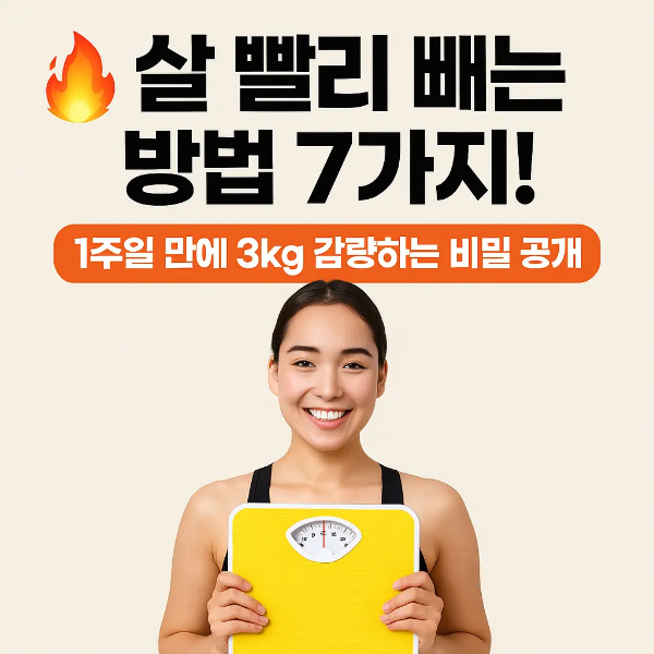 살 빨리 빼는 방법 7가지라는 문구와 함께 체중계 앞에서 손으로 -3kg 팻말을 든 여성 일러스트 이미지