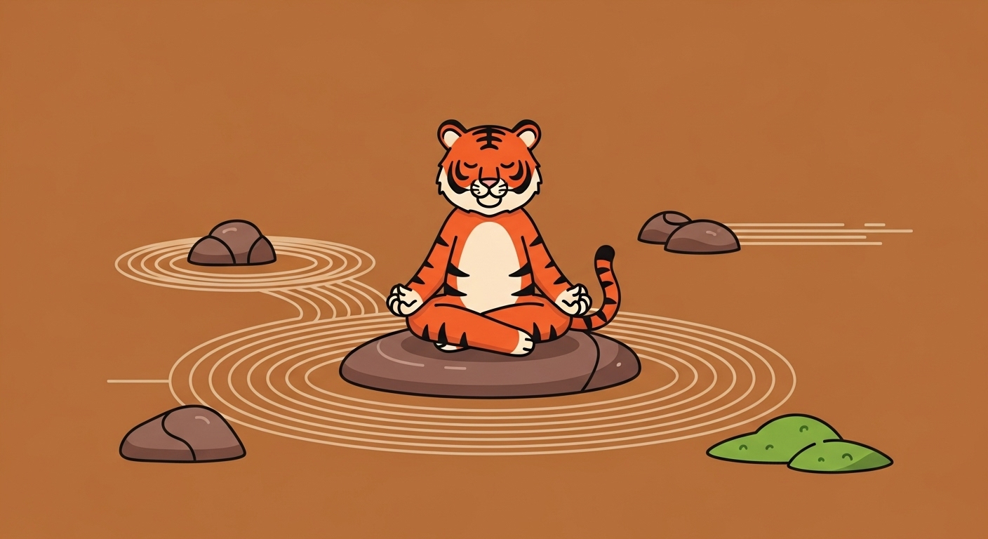 명상을 통해 내면의 평정을 찾는 호랑이띠 캐릭터 일러스트