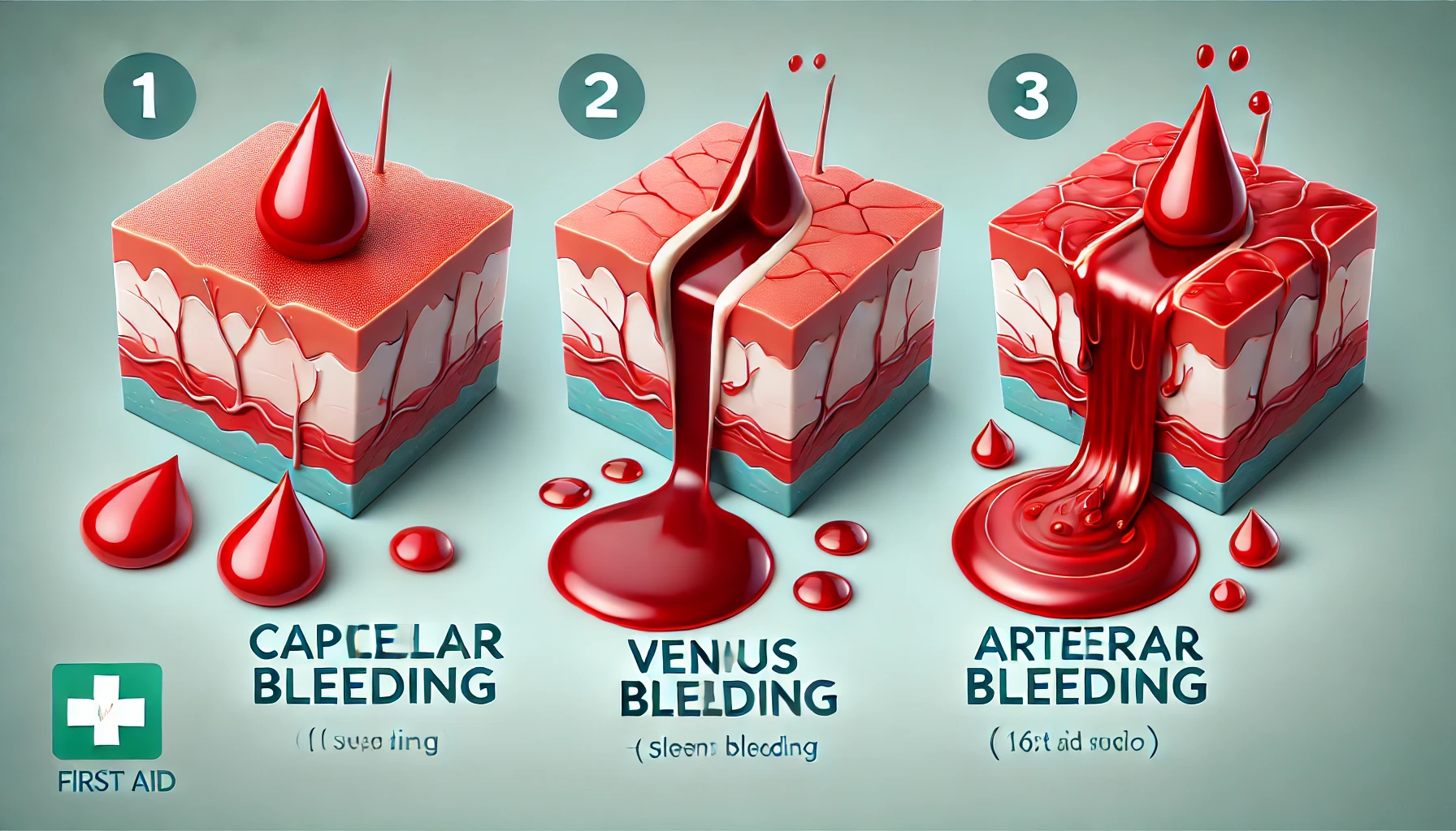 모세혈관 출혈, 정맥 출혈, 동맥 출혈을 각각 3D 스타일로 표현한 응급처치용 일러스트