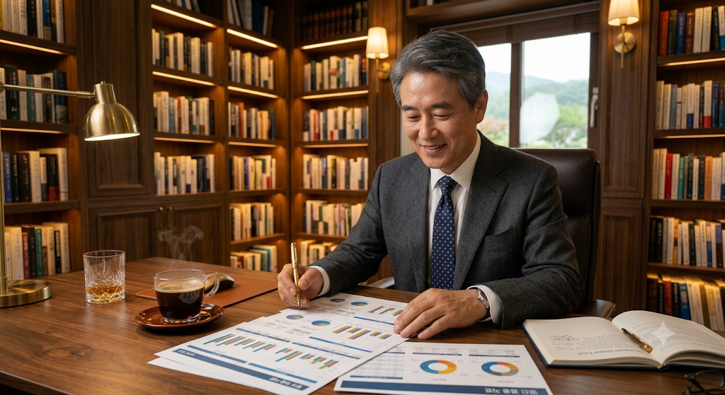 세련된 서재 테이블 위에서 자산관리 연금 포트폴리오 시뮬레이션 리포트를 검토하며 미소 짓는 자산가