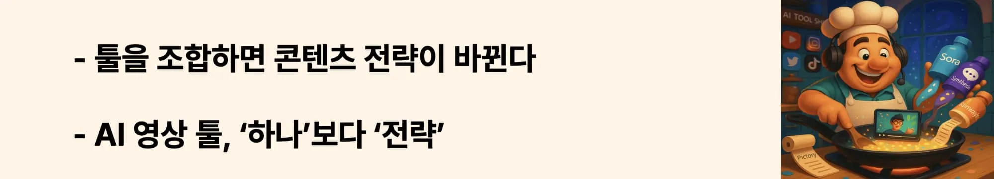 ‘AI 영상 툴, ‘하나’보다 ‘전략’’이라는 문구가 포함된 웹배너 이미지. 이 이미지는 Sora, Synthesia, RunwayML, Pictory 등 AI 영상 툴을 목적에 따라 조합해서 쓰는 전략을 시각적으로 전달하며, 블로그의 종합 활용 전략 주제와 관련된 내용을 설명함 (ai video tools mix, productivity, strategy guide)